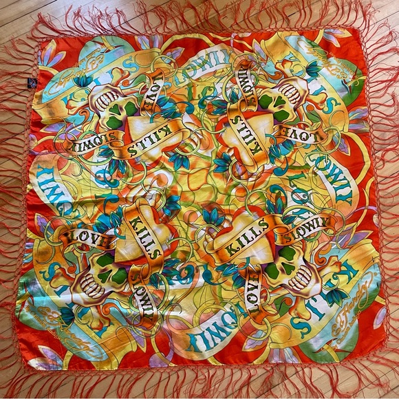 ED HARDY Y2K Vintage Silk Scarf Large Square Fringe Love Kills Slowly Graffiti - Picture 2 of 7